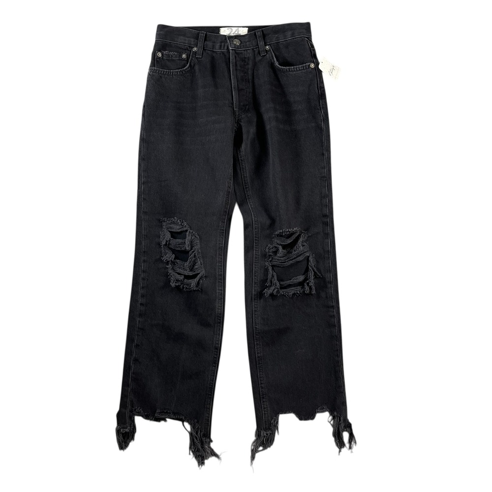 Free People We The Free Distressed Maggie Mid Rise Straight Jeans Black Size 24